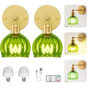 Vintage Battery Operated Wall Sconce Set of 2, Wireless Wall Sconce with Green Tulip Glass Shade, Rechargeable & Remote Control Wall Lamp for Living Room, BedroomHallway Wall Decor Lights