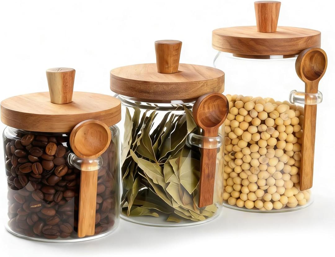 3 Pcs Glass Jars Containers with Wooden Handles Lids and Scoop Glass Food Storage Canisters, Glass Jars for Coffee Beans,Tea,Nut Candy,Sugar (14oz/20oz/30oz)