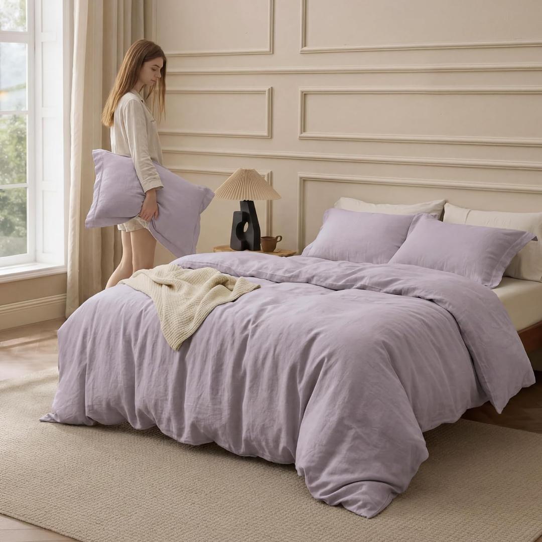 Bedsure 100% Washed Cotton Duvet Cover King Size - Lavender Minimalist Bedding Set Linen Like - PureWoven Plain Simple & Soft Comforter Cover for All Seasons (Lavender, King, 104"x90")