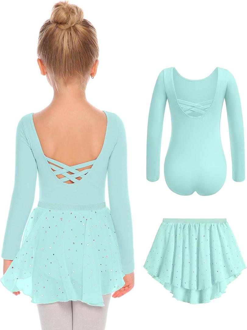 Zaclotre Girls Ballet Leotards Toddler Long Sleeve Crisscross Back Dance Dress Outfit with Removable Shiny Skirt Combo (6-8Y, Aqua Green)