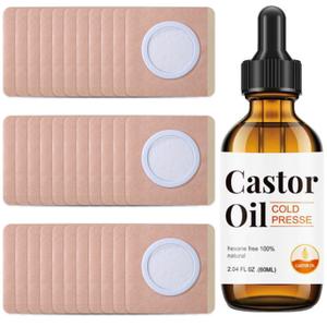 30Pcs Disposable Castor Oil Belly Button Patch with Organic Cold Pressed Glass Bottle 2.04oz | Self-Adhesive Castor Oil Patches for Neck/Shoulders/Knees | No Wash | Organic Cotton | Anti-Seepage