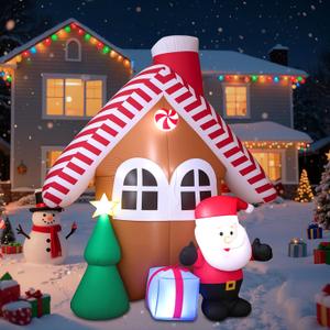 7 FT Christmas Inflatable Candy House with Santa Claus, Tree & Gift Box, Builtin LED Lights, Outdoor Blow Up Yard Decoration for Holiday Lawn Garden Party