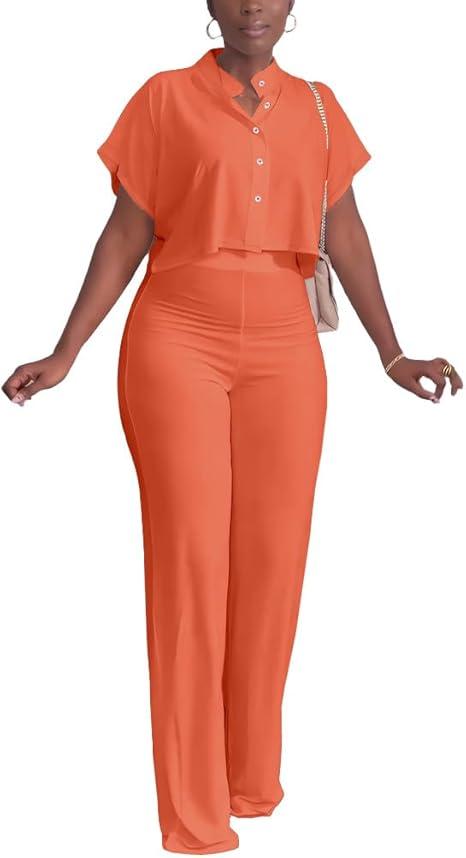 HBQ Women's Summer 2 Piece Outfits Casual Tracksuit Short Sleeve Button Down Crop Top Wide Leg Long Pant Lounge SetsLOrange.L HBQ Women's Summer 2 Piece Outfits Casual Tracksuit Short Sleeve Button Down Crop Top Wide Leg Long Pant Lounge SetsLOrange.L