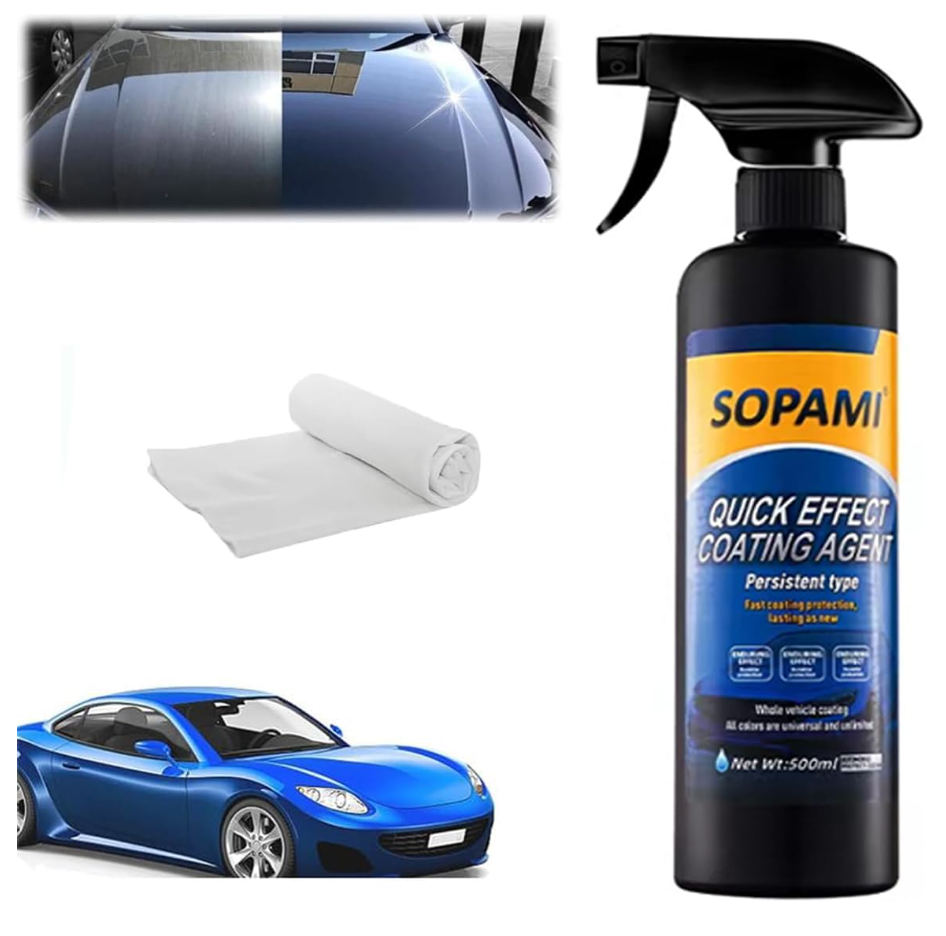 Sopami Car Coating Spray, 17.6 oz Quick Effect Coating Agent, Oil Film Emulsion Glass Cleaner, Polish Spray Waterless Wash Wax, Spray Wax Polish for Car Scratches(1PC+Sponge+Cloth)