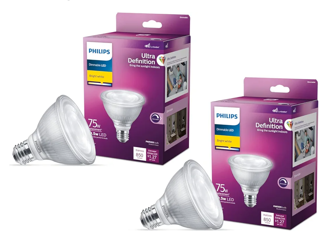 PHILIPS LED 75W PAR30 2-Pack Ultra Definition Bright White (3000K) 850 Lumen (10.5W = 75W) Dimmable Flicker-Free Light Bulbs