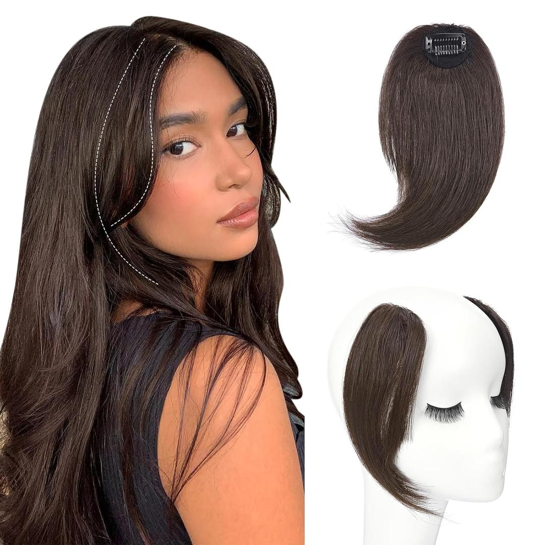 Benehair Side Bangs Clip in Bangs 100% Real Human Hair Curtain Bangs 10 inch Dark Brown Remy French Bang Soft Thick Hair 15g with Invisible Clips for Women #2
