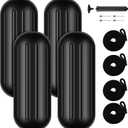 Boat Fenders 4 Pack 10x26Inch,Ribbed Center Hole Boat Fenders for Docking,Boat Bumpers Fenders Pontoon Boat Bumpers for Docking,Inflatable Boat Bumpers Comes with Rope Needle and Pump, 10 x 26 inch, Black