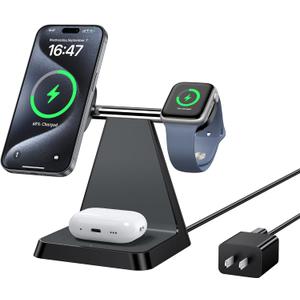 Charging Station for Multiple Devices Apple: Woruda 3 in 1 Magnetic Wireless Charger Stand for Mag Safe iPhone - Nightstand Charging Dock for iPhone 16 15 14 13 12 Pro Max Plus Apple Watch Airpods (Black)