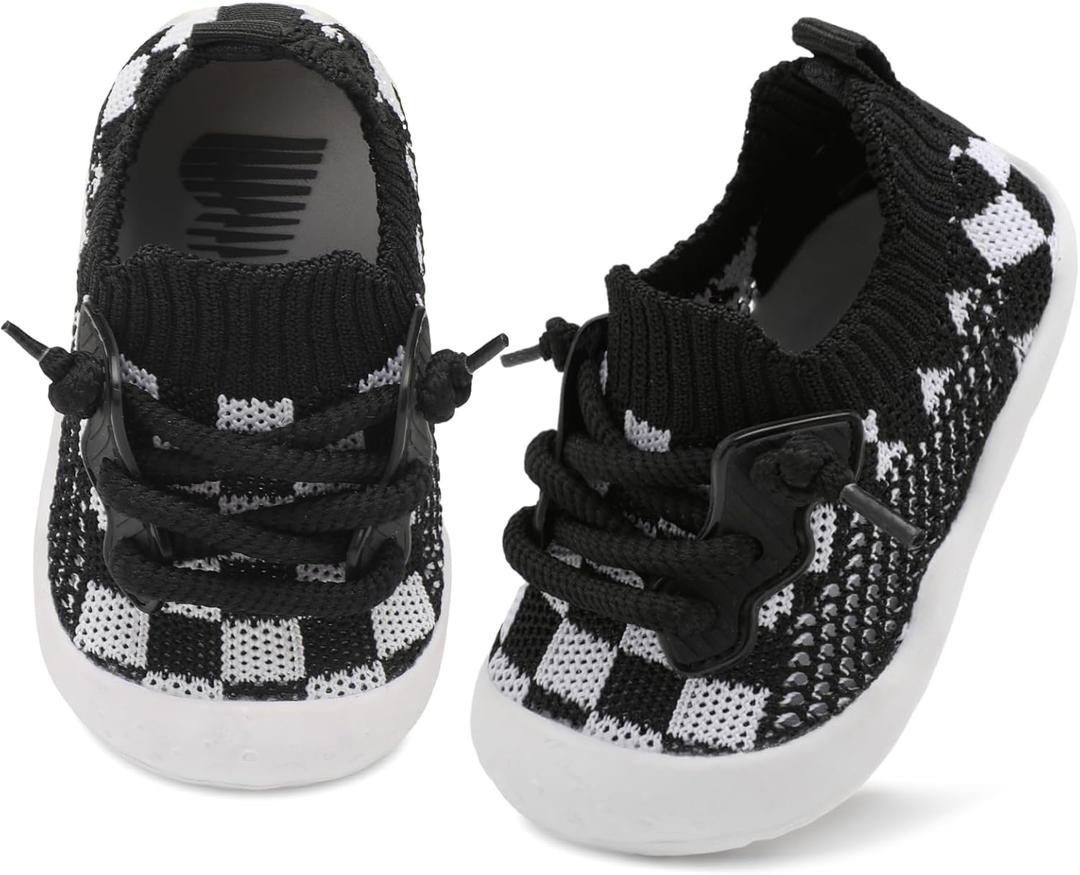 BARERUN Baby Shoes Baby First Walking Shoes Infant Sneakers Wide Toe Box Slip on Shoes Soft Sole Baby Boys Girls Crib Shoes Toddler Breathable Lightweight House Sock Shoes (Lattice Black)