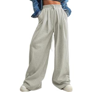 Aleumdr Wide Leg Sweatpants for Women Trendy Fashion High Waisted Drawstring Loose Long Pants with Pockets (Gray)