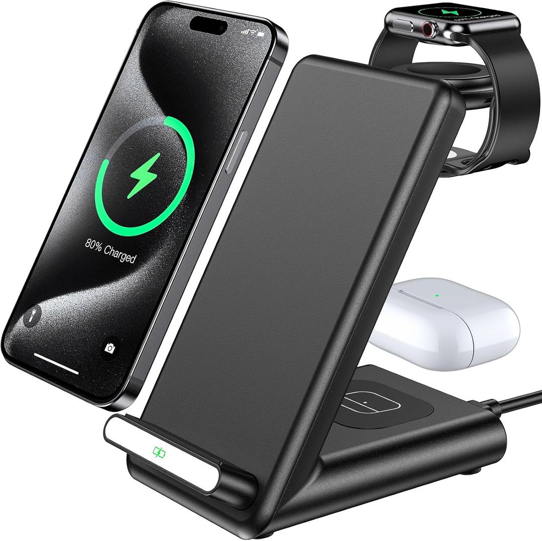 Wireless Charging Station,3 in 1 Charging Stand Made for Apple Watch Ultra 11 10 9 8 7 6 SE 5 4 3,Fast Wireless Charger Made for iPhone 17/Air/16/15/14/13/12,for AirPods Pro(with Adapter) (Black)