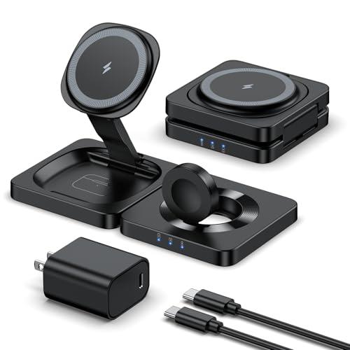 2026 Magnetic Wireless Charging Station - ADADPU 3 in 1 Foldable Mag-Safe Charger Stand for Multiple Apple Devices, Travel Charging Pad for iPhone 17 16 15 14 13 12 Pro Max Plus Apple Watch AirPods