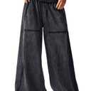 SOLY HUX Women's Wide Leg Baggy Sweatpants Acid Wash Drawstring Elastic Waist Palazzo Long Pants with Pockets Plain Black Medium