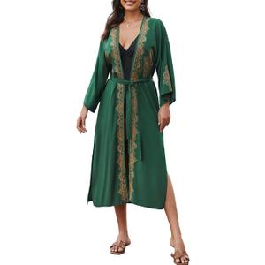 Eddoyee Beach Kimono Cardigans for Women Long Sleeve Bikini Cover Up V-Neck Bathing Suit Cover Up, (One Size)