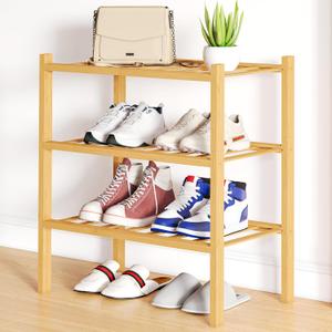 Smiry Shoe Rack, 3 Tier Small Bamboo Shoe Organizer, Stackable Free Standing Wooden Shoe Storage Shelf for Closet, Entryway, Front Door Entrance, Natural
