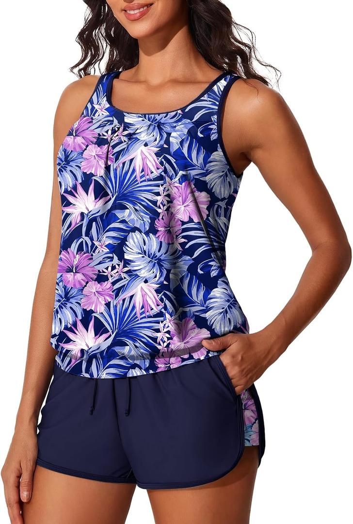 Summer Mae Blouson Women's Tankini Swimsuits Tummy Control Modest 2026 Two Piece with Sporty Pockets Bathing Suits, Large