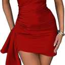 Memoriesea Women's One Shoulder Ruched Bodycon Sleeveless Mini Club Party Dress (X-Large, Red)