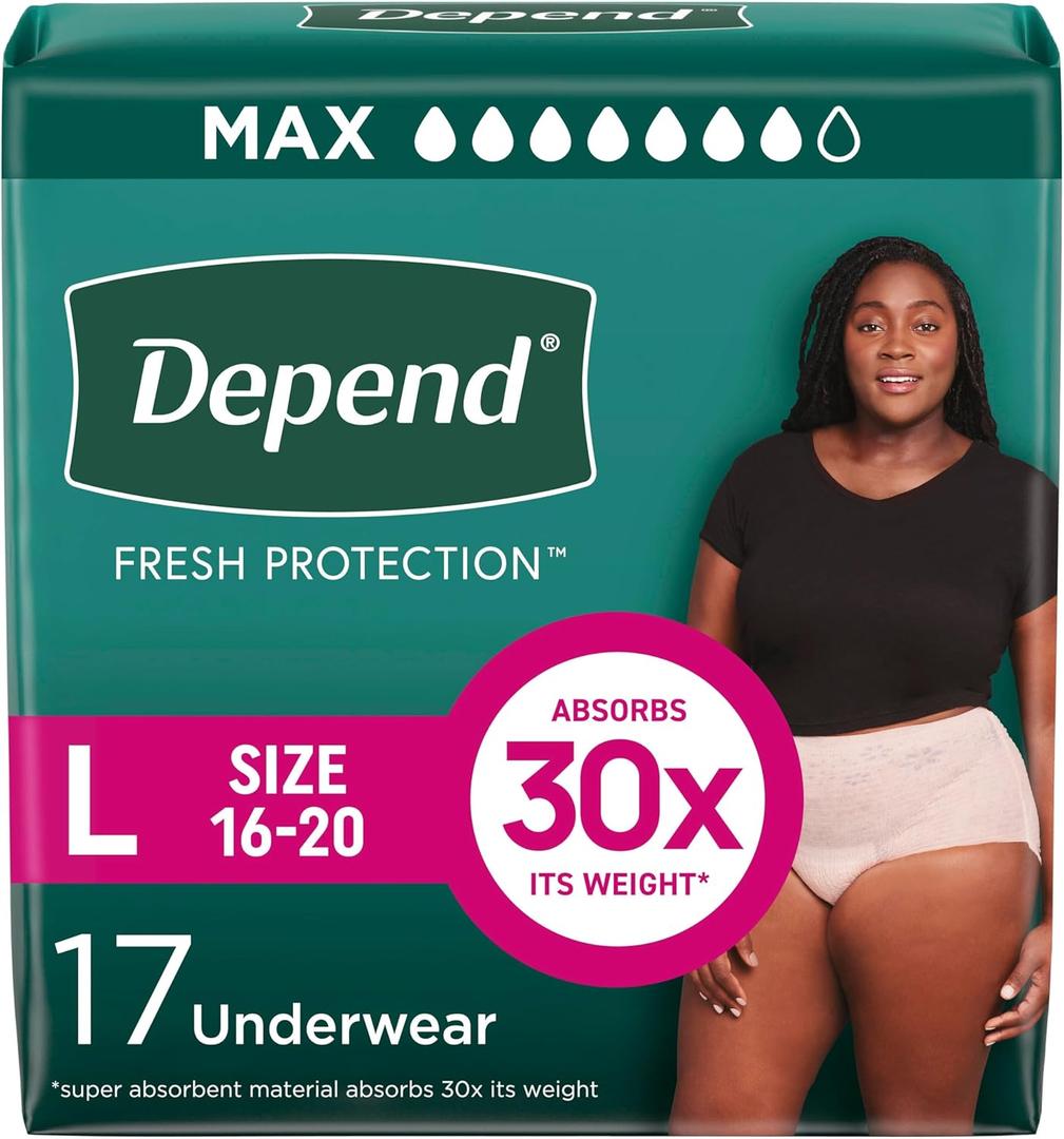 Depend Fresh Protection Adult Diapers, Incontinence & Postpartum Bladder Leak Underwear for Women, Disposable, Maximum, Large, Blush, 17 Count, Packaging May Vary