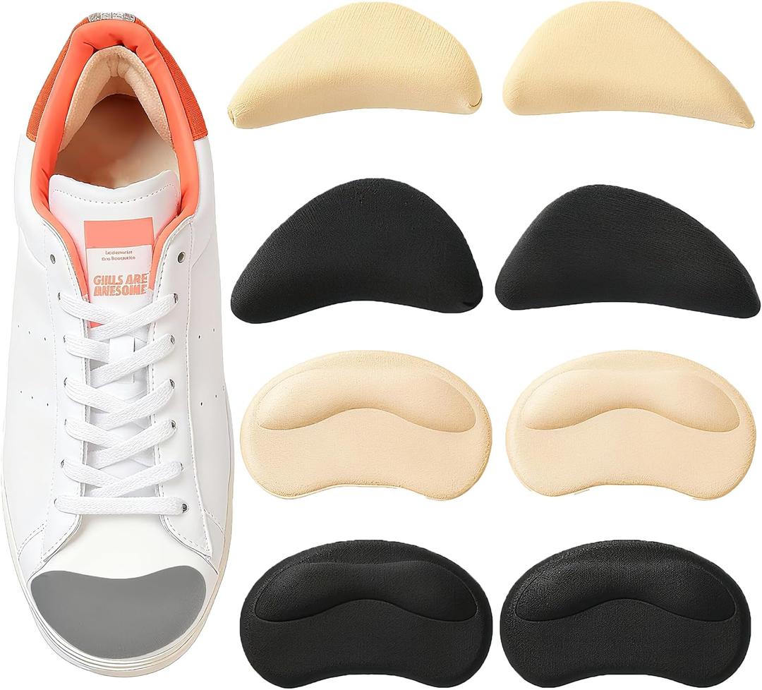 2 x 8 Pcs Shoe Fillers & Heel Pads for Loose or Too Big Shoes Toe Cushions & Heel Grips for Women and Men, Comfort Insoles for Heels, Sneakers, Boots Pain Relief & Better Fit(Black + Beige)