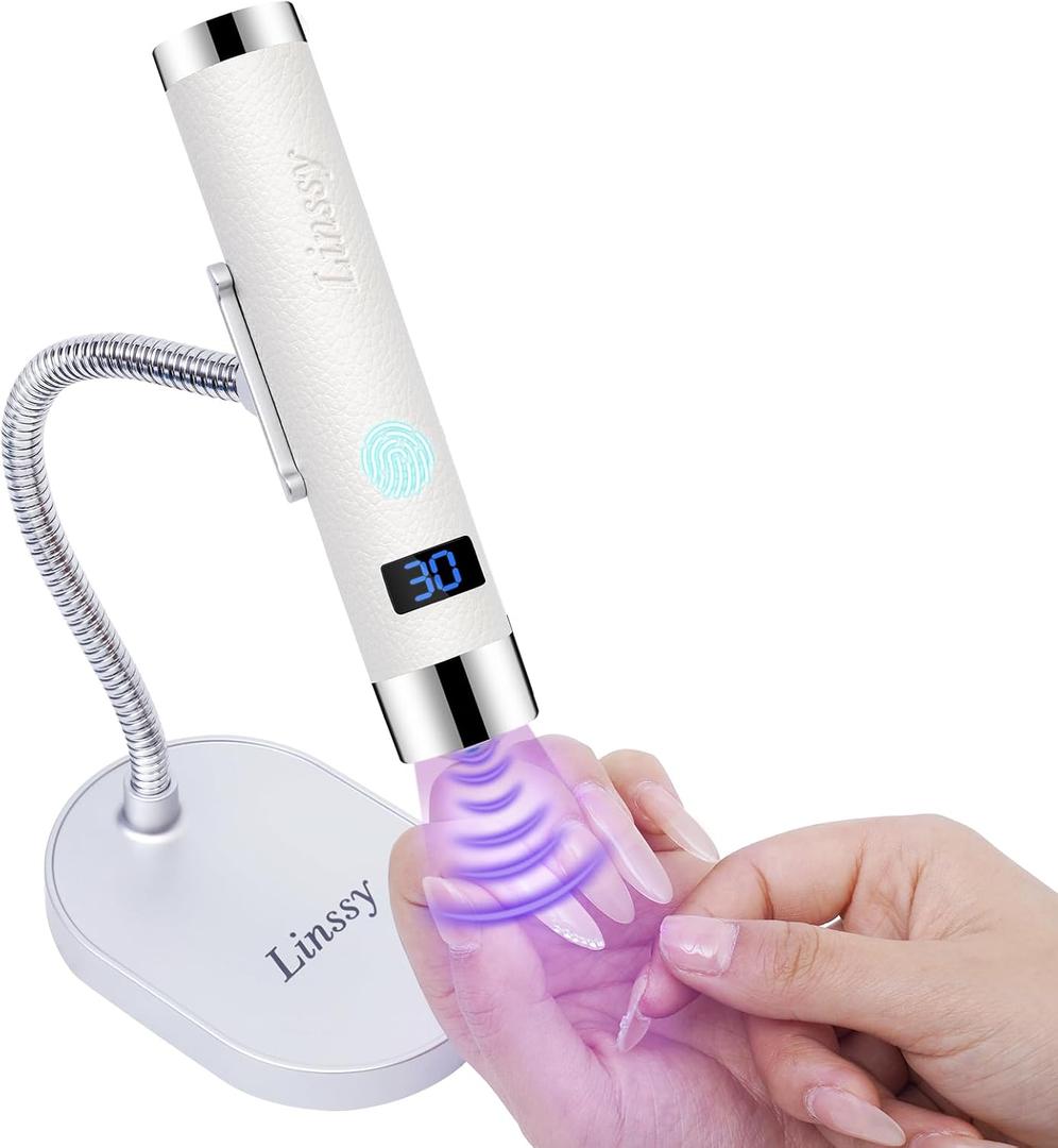 Linssy Mini UV Light for Nails with Auto Sensor & Gooseneck Stand,Portable Cordless Nail Lamp Flash Cure Lamp with LCD Display,Handheld UV Light for Gel Nails at Salon & Home Use (White)
