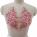 2Pcs Embroidered Beads 3D Flower Applique Lace Fabric Collar Patches Sew Patch Wedding Bridal Gown Clothes Dress Decor DIY Crafts (Pink)