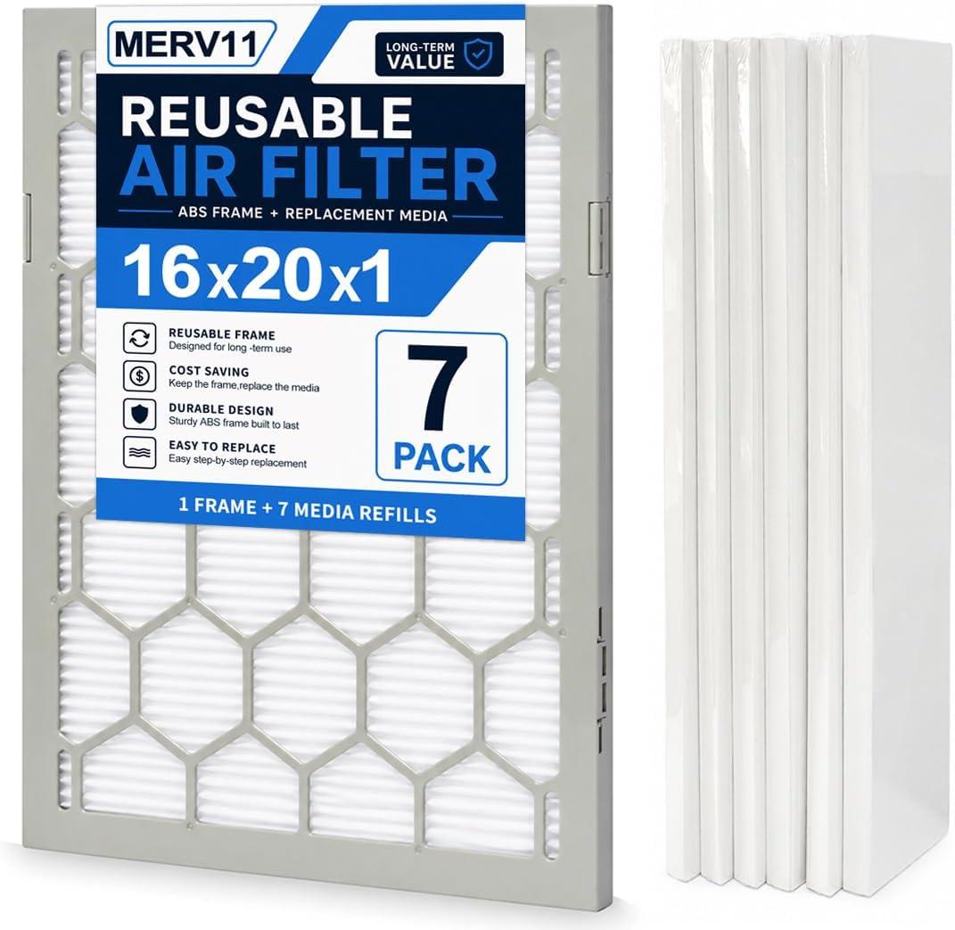 OlitAir 16x20x1 MERV 11 Air Filter,AC Furnace Air Filter,Reusable ABS Plastic Frame, 7 Pack Replaceable Filter Media (Actual Size: 15 3/4" x 19 3/4" x 3/4")