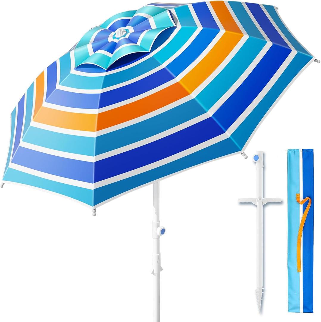 8FT. Large Beach Umbrella with Heavy Duty Sand Anchor & Tilt Sun Shelter, UPF50+ UV Protection, Wind Resistance, Waterproof Canopy, Portable for Beach Outdoor Patio Yard Garden Pool