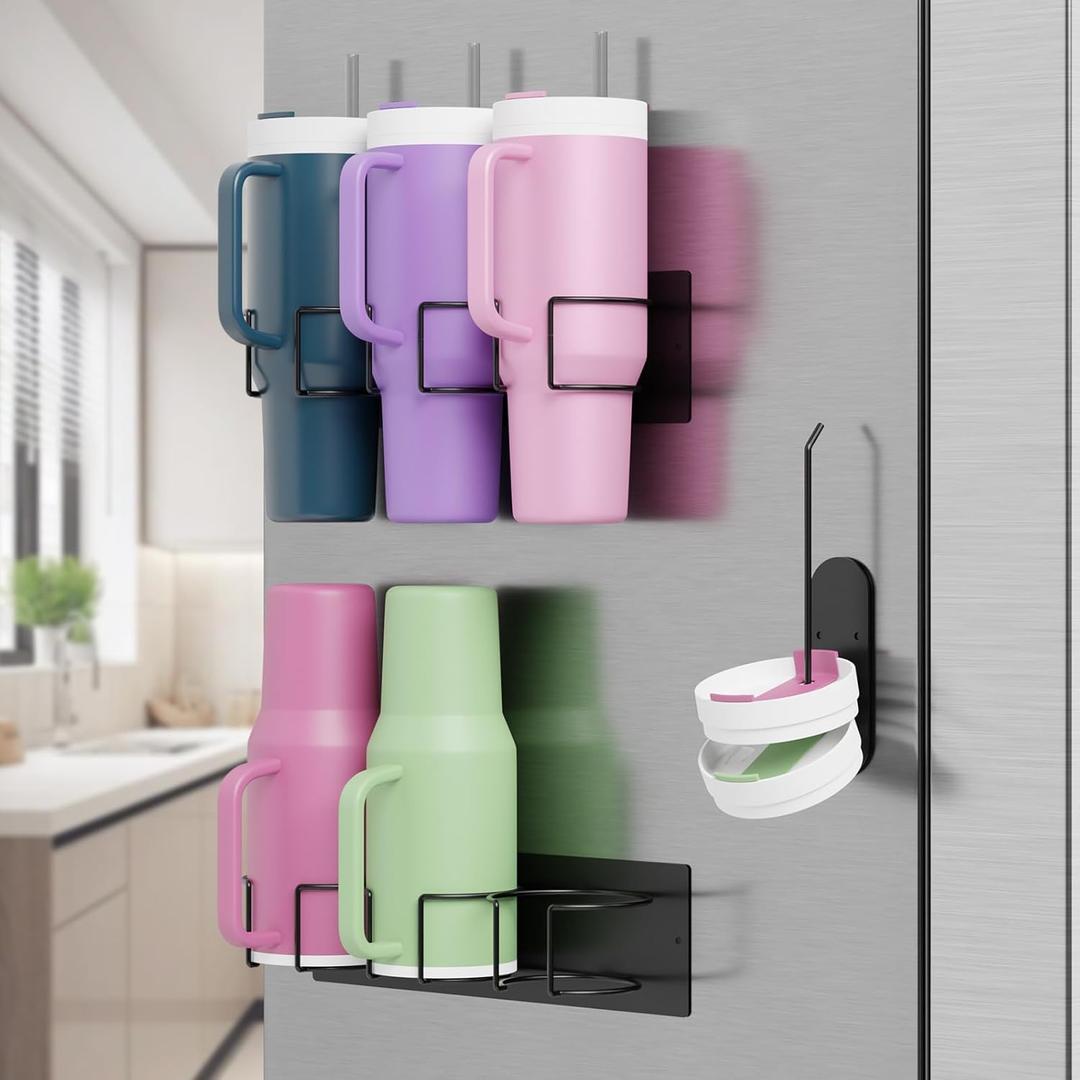 2PCS Magnetic Cup Holder for Fridge, Stanley Cup Holder with Tumbler Lid Organizer, Strong Magnetic Water Bottle Organizer for Stanley Tumbler, Stanley Cup Accessories
