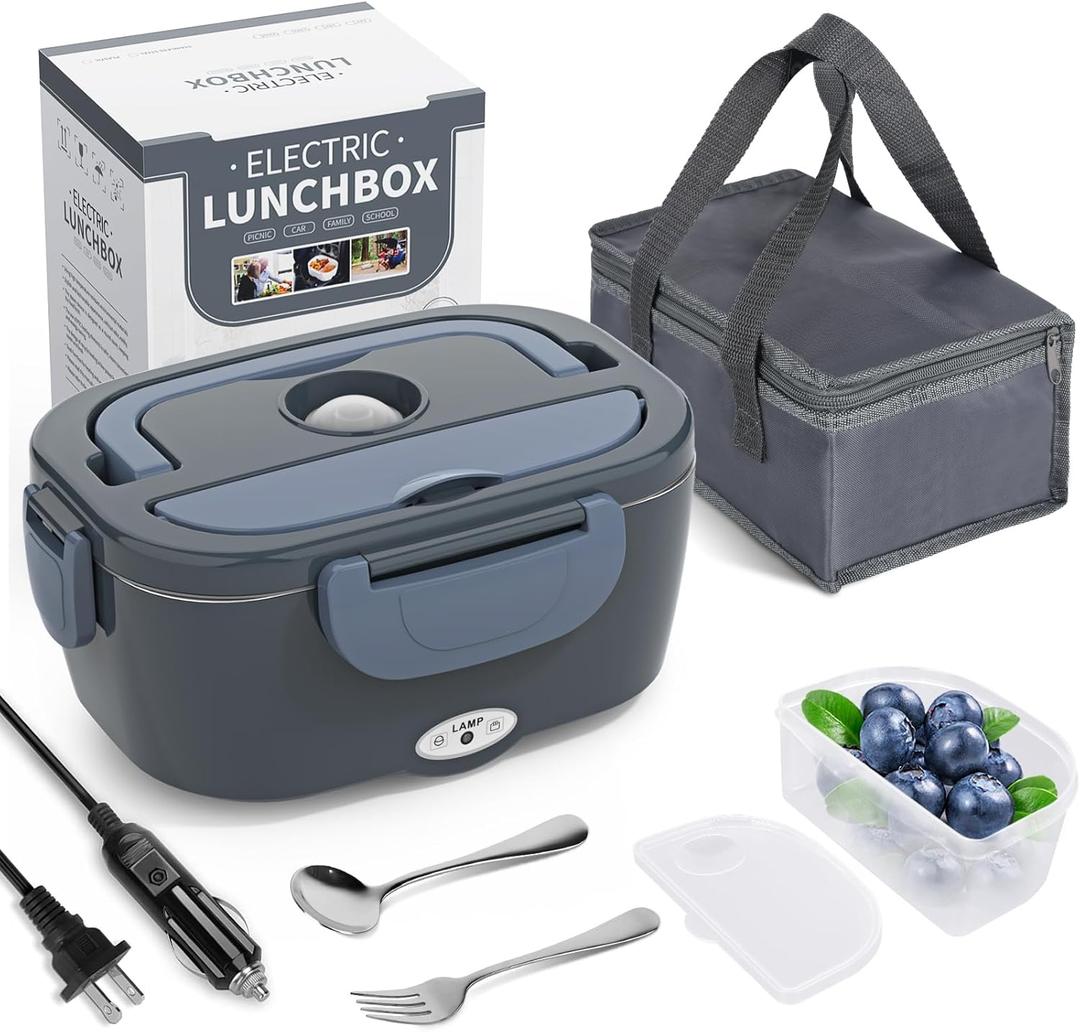 Electric Lunch Box Food Heater, 3 in 1 Ultra Quick Heated Lunch Boxes for Adults, 12V/24V/110V Portable Food Warmer for Car/Truck/Office With Fork Spoon and Insulated Carry Bag (Blue Gray)