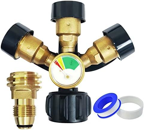 NQN Upgraded 3 Way Propane Splitter QCC/POL with Gauge and Shut-Off Valve, Propane Tank 3 Y Splitter Adapter, Propane LP Tank Fuel Tee Gauge Adapter Fitting 3 Way Propane Gas Splitter for Propane Tank
