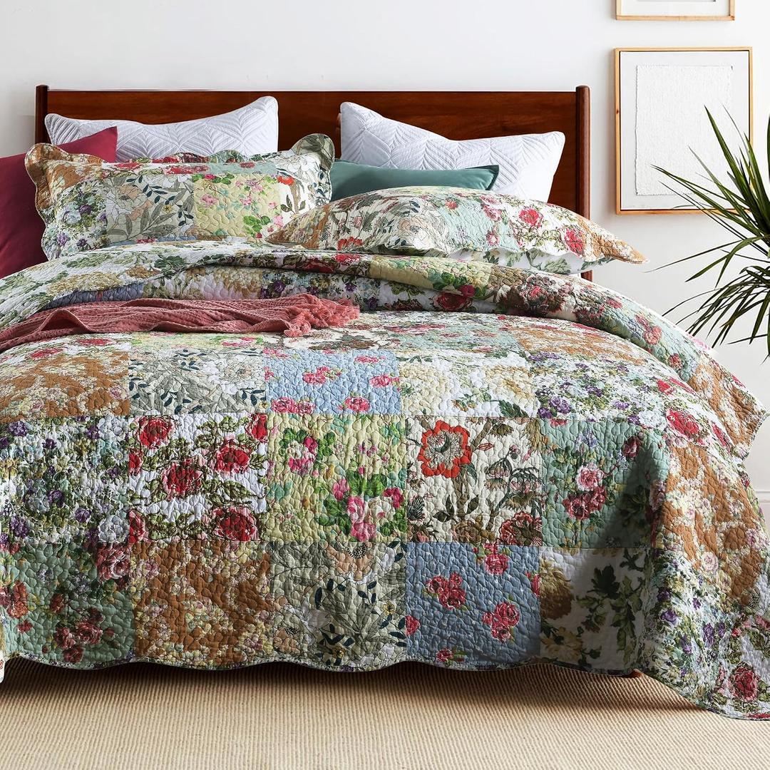 100% Cotton Patchwork Quilt Queen Size, Vintage Style Bed Cover, Sage Green Bedspread with Floral Pattern, Ultra-Soft Breathable Lightweight Spring Summer Coverlet Set