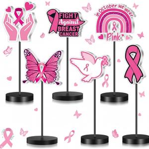 Wenqik 6 Pcs Breast Cancer Awareness Decorations Standing Table Centerpieces Pink Ribbon Wooden Table Signs Fight Breast Cancer Party Supplies Pink Ribbon Decor for Charity Survivor Favors
