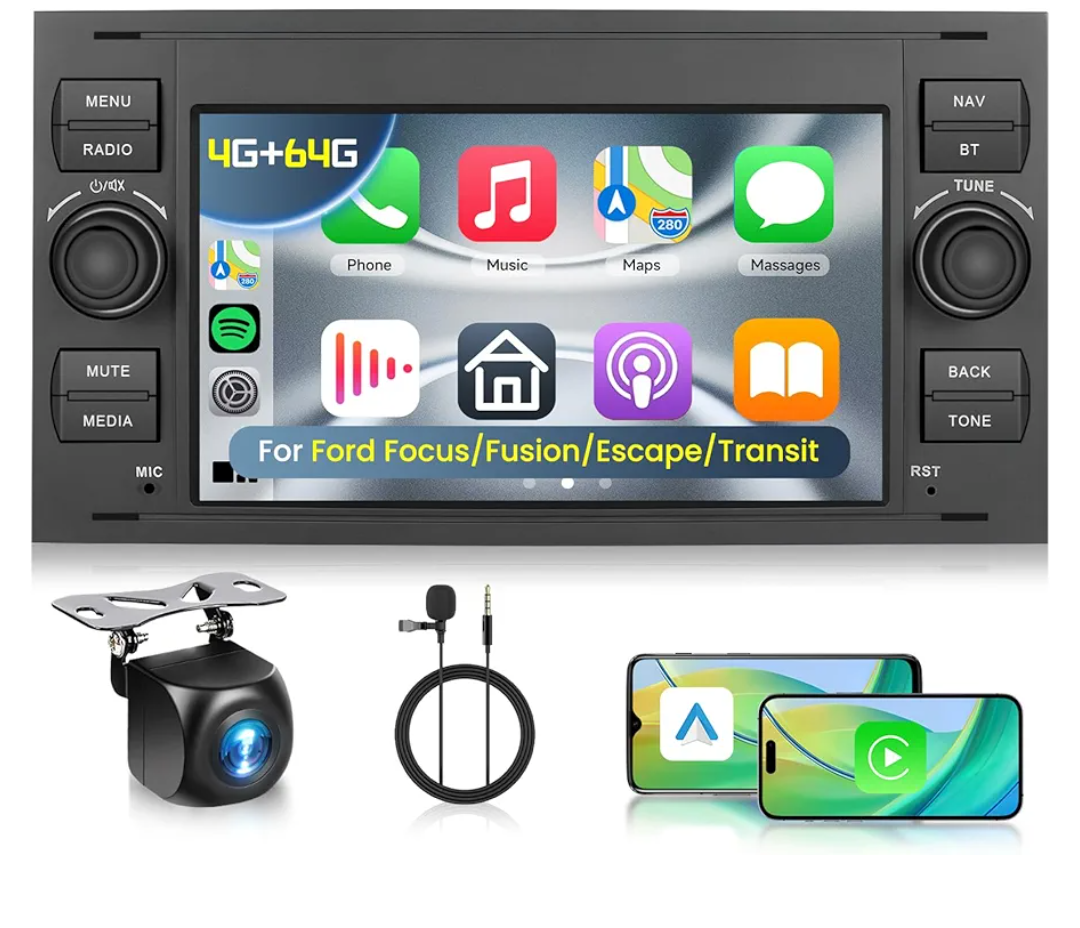 4G+64G Car Radio for Ford Fusion 2006-2011 Escape 2008-2012 Flex 2006-2008 Focus 2005-2007 Ford Transit 2005-2011 with Wireless CarPlay Android Auto 7 Inch IPS Touchscreen GPS WiFi BT DSP Audio