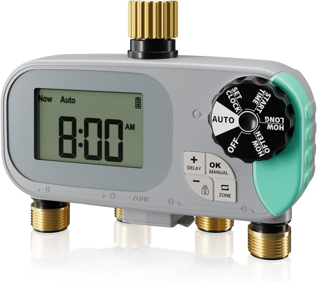 QUOBAS Sprinkler Timer for Garden Hose with Child Lock, Programmable Brass Digital Water Timer 4 Zone for Drip Irrigation, Pool, with Rain Delay/Auto/Manual, Waterproof Screen & Battery Powered