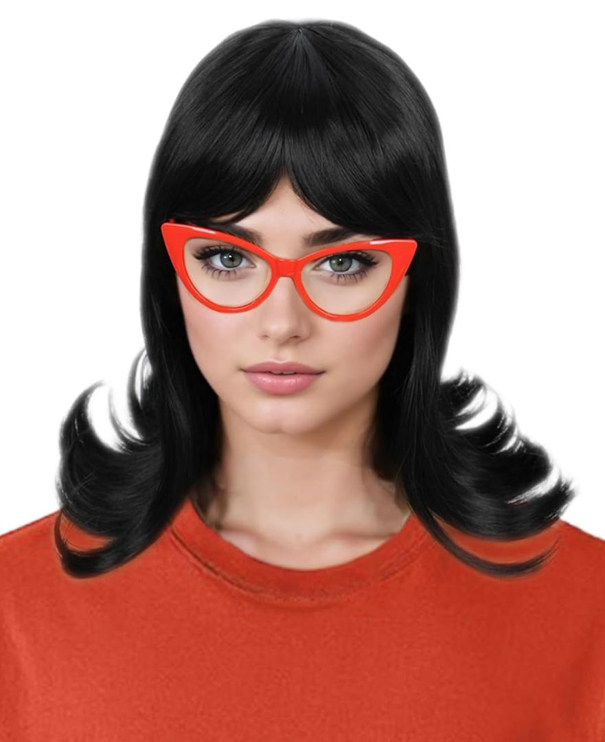 Short Black Flip Bob Wigs Halloween Costume Cosplay Wig for Women with Red Glasses Frame