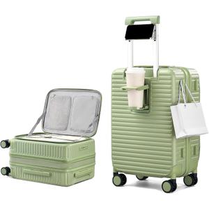 HanTrip 20 Inch Carry on Luggage 22x14x9 Airline Approved Hard Shell Suitcases with Wheels, Top Opening Expandable Carry on Luggage with Cup Holder Small Rolling Suitcase with Lock, Bamboo Green