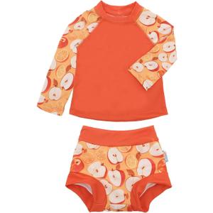 ALVABABY Long Sleeve Rashguards with Swim Diaper, Baby/Toddler Girls' Rash Guard Sets,Girl Swimsuit UPF 50+ Sun Protection Two Piece Bathing Suit, Size: 18 Months