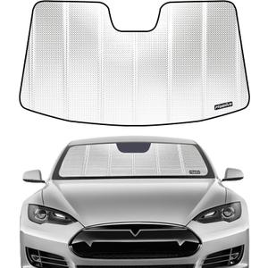 Windshield Sun Shade for 2018-2025 Tesla Model 3, 2020-2025 Tesla Model Y. Front Window Sunshade with Storage Bag (Shiny Silver (Classic))