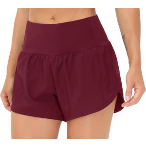 THE GYM PEOPLE Womens High Waisted Running Shorts Quick Dry Athletic Workout Shorts with Mesh Liner Zipper Pockets (Wine Red, Large)
