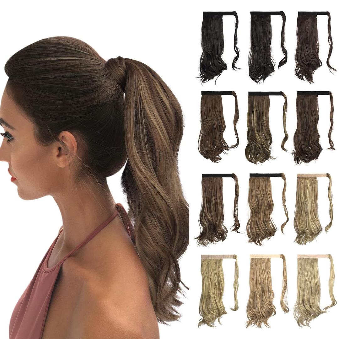 SOFEIYAN Curly Ponytail Extension 15 Inch Heat Resistant Synthetic Natural Wavy Hairpiece Wrap Around Pony Tail Hair Extensions for White Black Women Hair Piece, Brown Highlighted Light Blonde