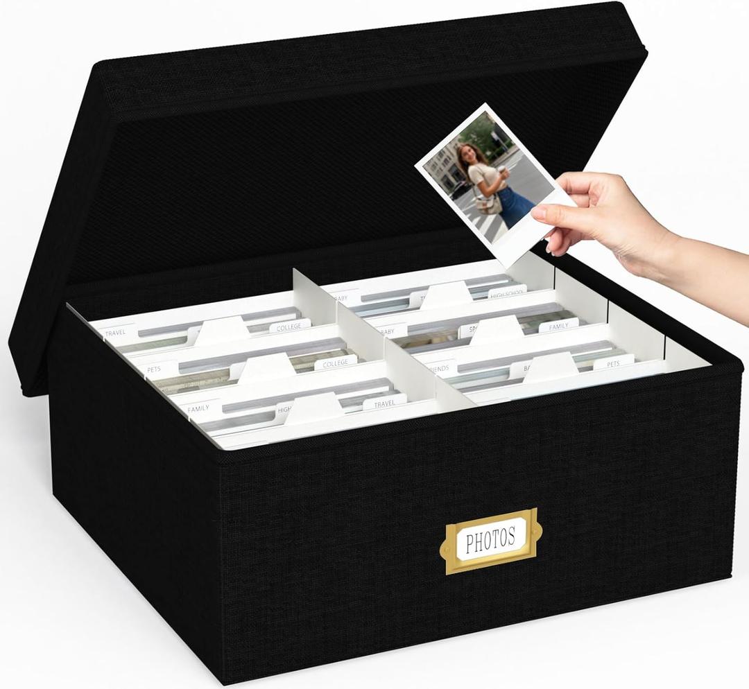 Decorative Photo Storage Box - Linen Photo Box Organizer with Dividers, Fits Holds Up to 1700 Pictures and 4x6 Photos, Memory Keepsake Organizer for Photos, Scrapbook Supplies, Cards, Stamps (Black)
