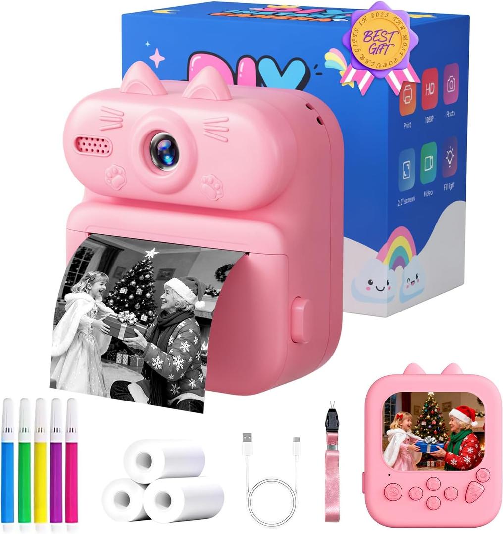 Kids Camera Instant Print: Gleeglee 1080P Instant Print Camera for Kids - Christmas Birthday Gifts for Girls Boys - Portable Toy for 3 4 5 6 7 8 9 10 Years Old, Pink Cat