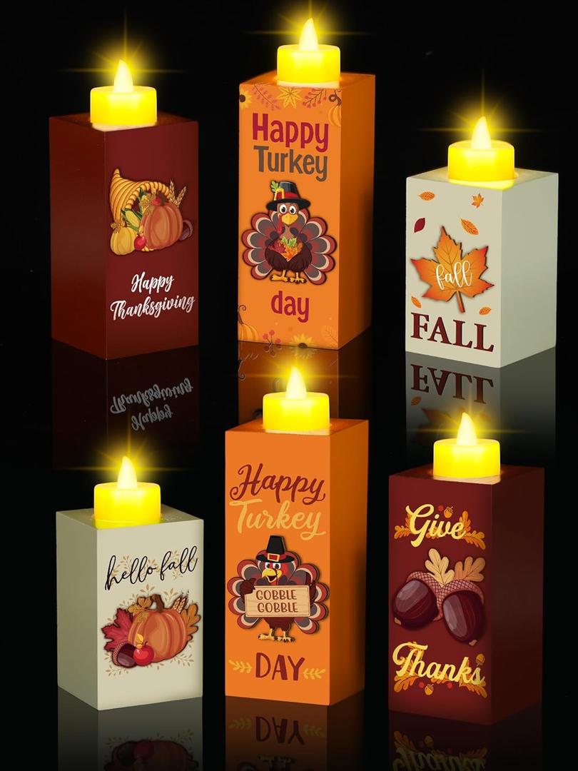 Roowest 6 Pcs Thanksgiving Decorations Wooden Candle Holders with LED Tea Lights Candles Wooden Centerpieces for Home Table Office Tiered Tray Thanksgiving Decor
