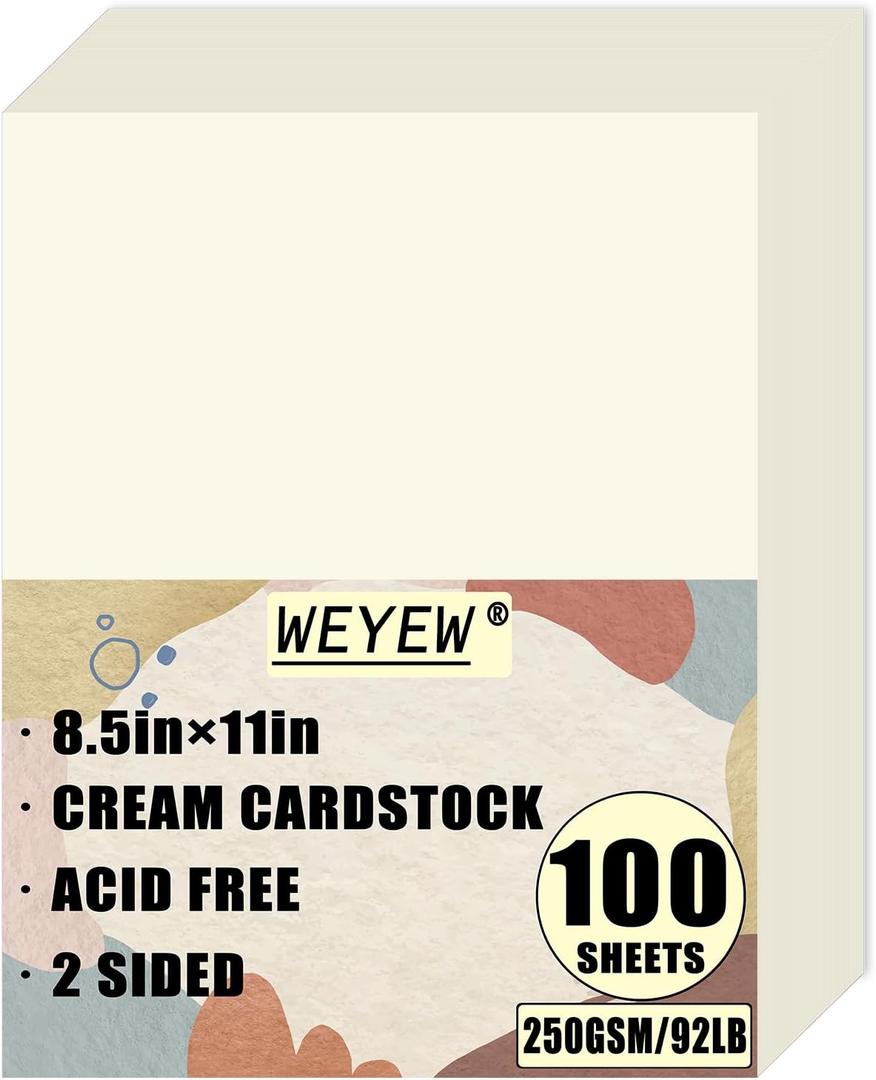 100 Sheets 92lb Cream Cardstock, 8.5" x 11", Thick Off-White Paper Envelopes Making Blank Invitation Paper Greeting Cards DIY Craft Card Making, 92LB Cover 250 GSM