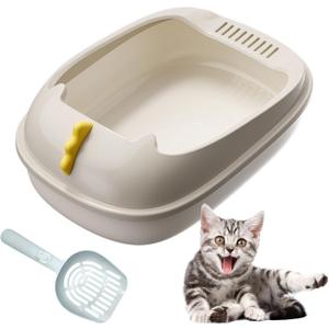 Open Litter Box, Anti-Splashing Cat Toilet with Litter Sifting Scoop - Semi-Enclosed, Removable Kitten Litter Box (White, Small)