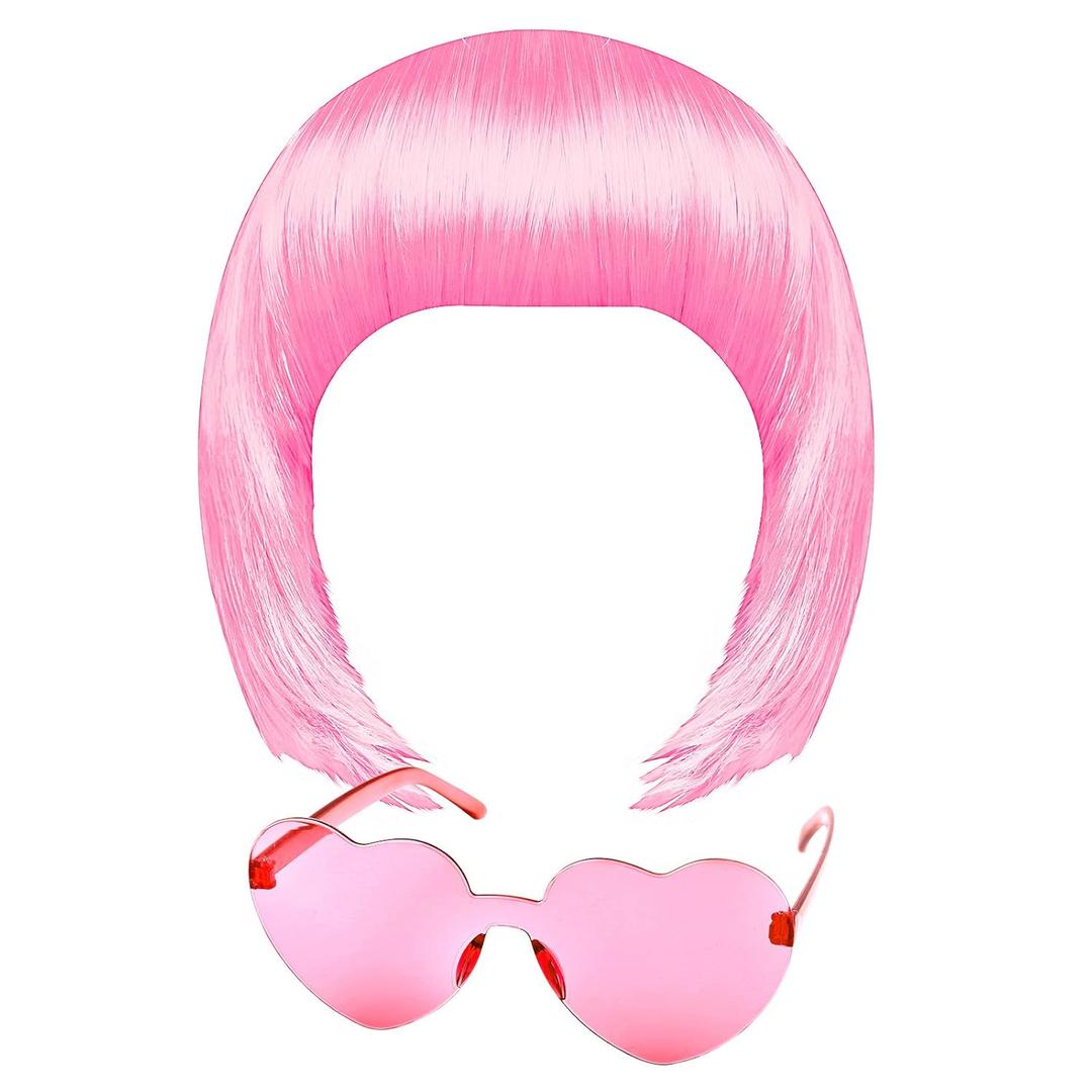 MIAHART Pink Short Bob Wig and Sunglass Set, Neon Colored Wigs Costume Colorful Cosplay Wigs Daily Party Hairpieces for Bachelorette Glow in The Dark Neon Party Favors Halloween Decorations Supplies