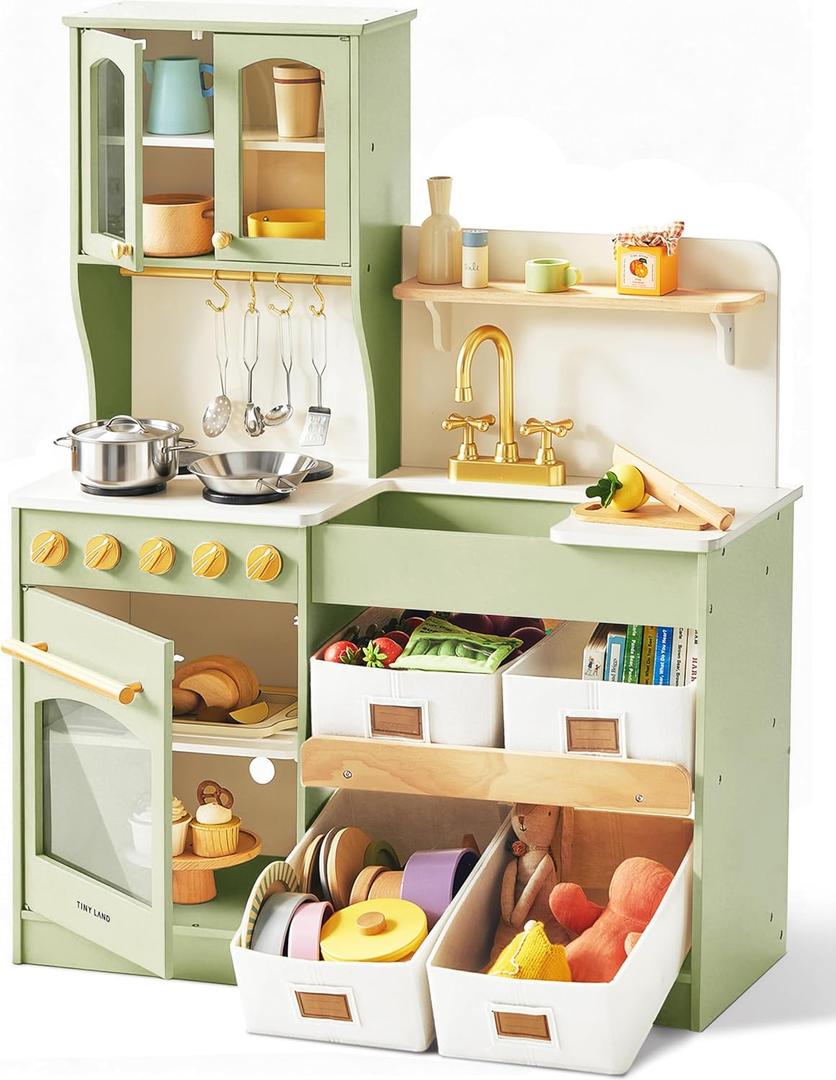 Tiny Land Wooden Play Kitchen for Kids  Enhanced Storage with Cabinets & Bins, Modern Toddler Kitchen Playset with Stove, Sink & Accessories (Green)