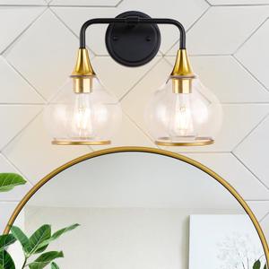 Black and Gold Bathroom Light Fixtures,2-Light Bathroom Vanity Light with Clear Glass Shade,Modern Brushed Gold Vanity Lights Farmhouse Wall Sconces for Mirror Kitchen Living Room Cabinet