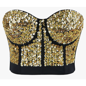 Charmian Women's Burlesque Fashion Beaded Sequins Push Up Crop Top Bustier Bra. L