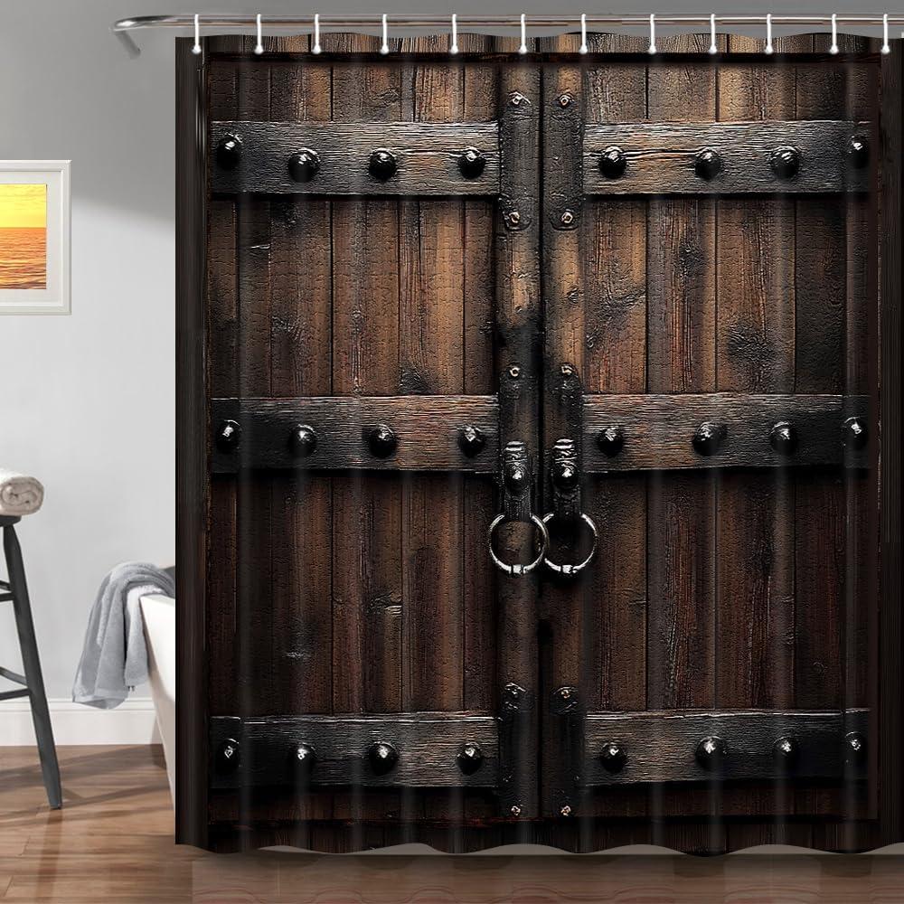 Rustic Barn Door Shower Curtain Brown Vintage Wooden Door Western Farm Farmhouse Rustic Wooden Door Vintage Castle Wooden Door Bathroom Cloth Shower Curtain 71X71 Inch